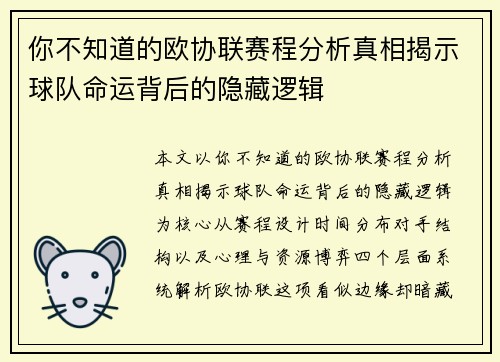 你不知道的欧协联赛程分析真相揭示球队命运背后的隐藏逻辑