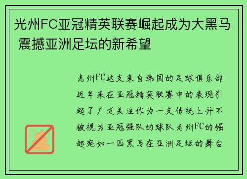 光州FC亚冠精英联赛崛起成为大黑马 震撼亚洲足坛的新希望